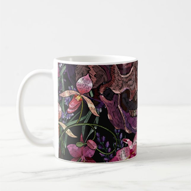 Embroidered Skull: Gothic Orchid Pattern Coffee Mug (Left)