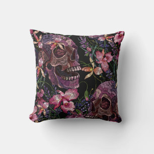 Embroidered Skull: Gothic Orchid Pattern Cushion