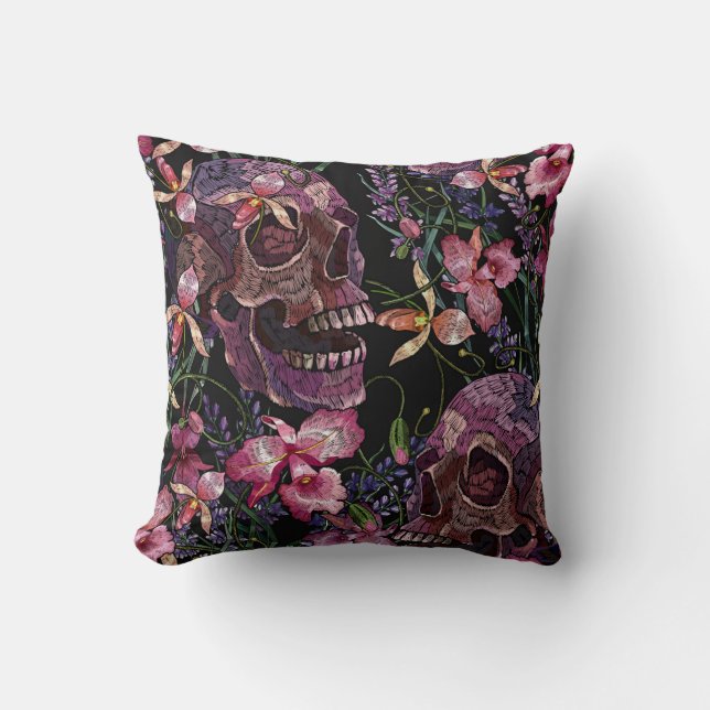 Embroidered Skull: Gothic Orchid Pattern Cushion (Front)