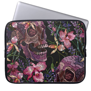 Embroidered Skull: Gothic Orchid Pattern Laptop Sleeve