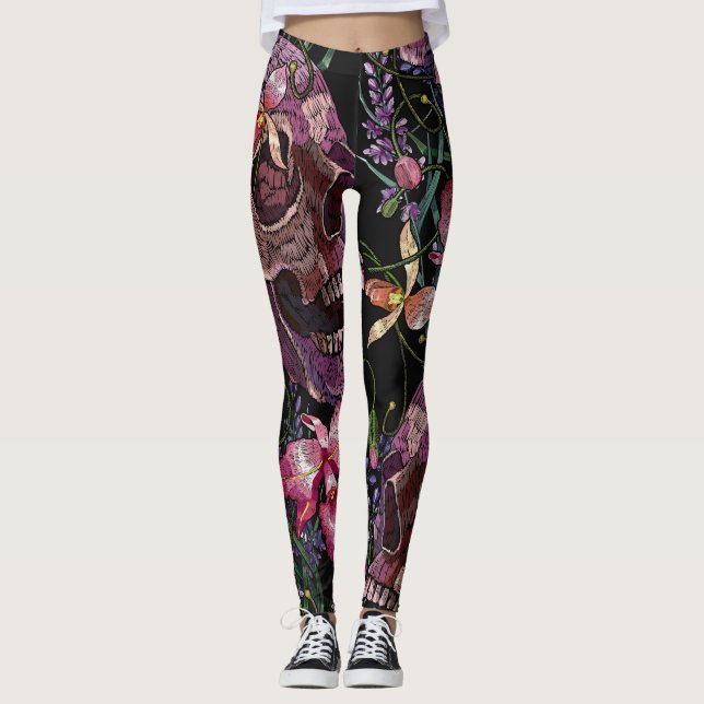 Embroidered Skull: Gothic Orchid Pattern Leggings (Front)