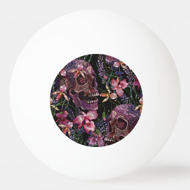 Embroidered Skull: Gothic Orchid Pattern Ping Pong Ball (Front)