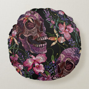 Embroidered Skull: Gothic Orchid Pattern Round Cushion