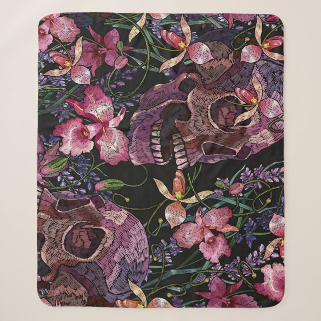 Embroidered Skull: Gothic Orchid Pattern Sherpa Blanket (Front)