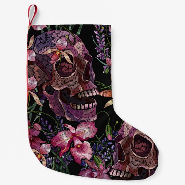 Embroidered Skull: Gothic Orchid Pattern Small Christmas Stocking (Front)