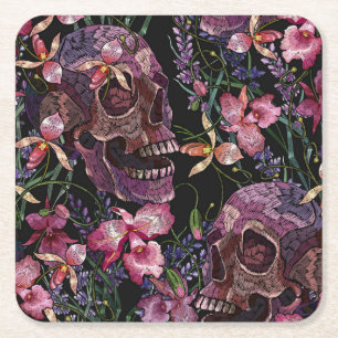 Embroidered Skull: Gothic Orchid Pattern Square Paper Coaster
