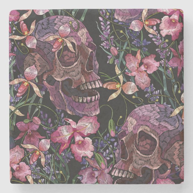 Embroidered Skull: Gothic Orchid Pattern Stone Coaster (Front)