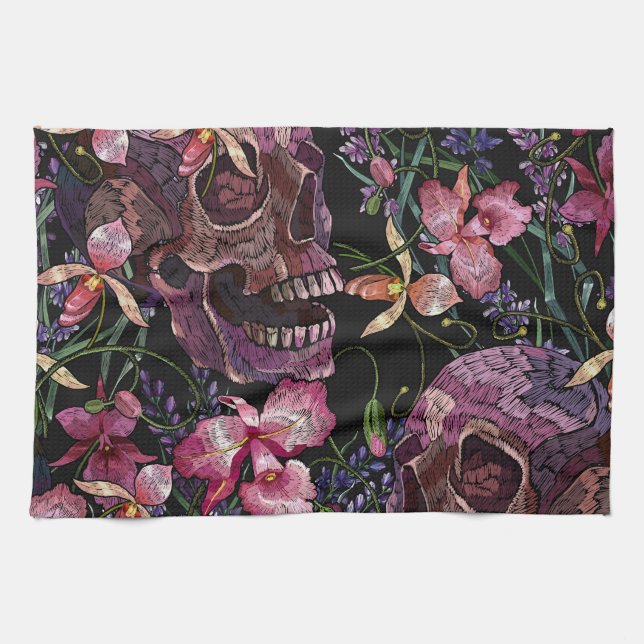 Embroidered Skull: Gothic Orchid Pattern Tea Towel (Horizontal)