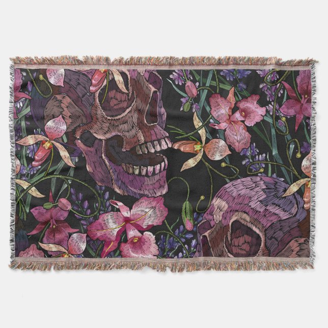 Embroidered Skull: Gothic Orchid Pattern Throw Blanket (Front)
