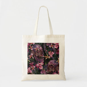 Embroidered Skull: Gothic Orchid Pattern Tote Bag