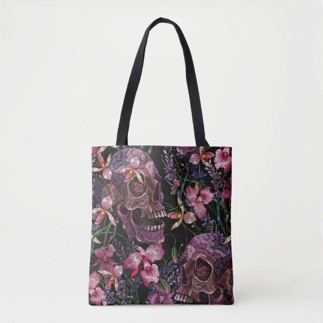 Embroidered Skull: Gothic Orchid Pattern Tote Bag (Front)