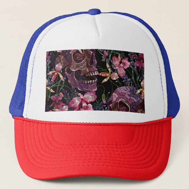 Embroidered Skull: Gothic Orchid Pattern Trucker Hat (Front)