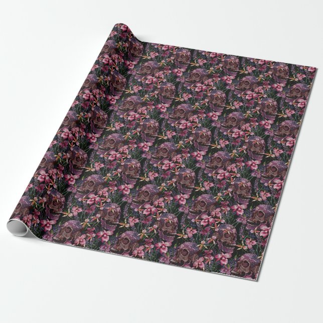Embroidered Skull: Gothic Orchid Pattern Wrapping Paper (Unrolled)