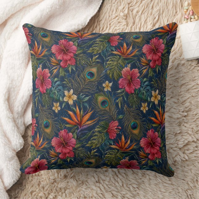 Embroidered smooth tropical plants on denim  cushion (Blanket)
