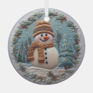 Embroidered Snowman  Glass Tree Decoration