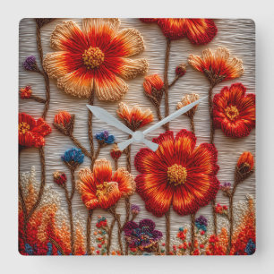 Embroidered Style Poppy Floral Wall Clock – Warm