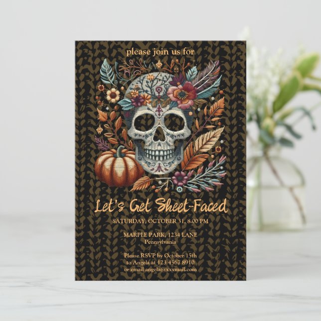 Embroidered Sugar Skull Fall Flowers Pastel Gothic Invitation (Standing Front)