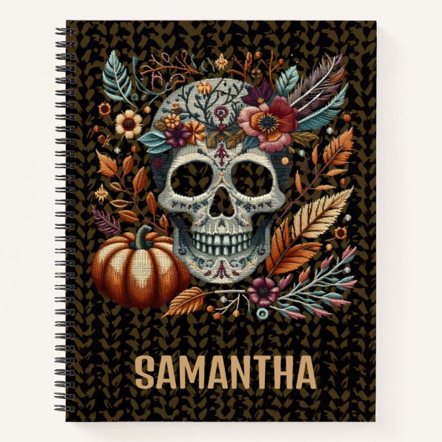 Embroidered Sugar Skull Fall Flowers Pastel Gothic Notebook (Front)