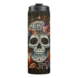 Embroidered Sugar Skull Fall Flowers Pastel Gothic Thermal Tumbler