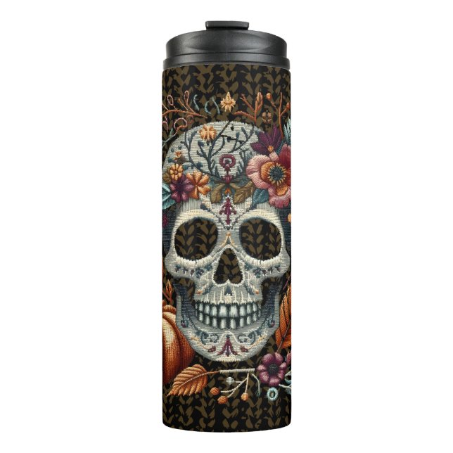 Embroidered Sugar Skull Fall Flowers Pastel Gothic Thermal Tumbler (Front)