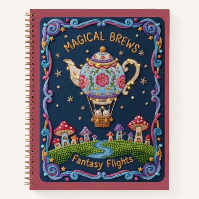 Embroidered Teapot Balloon & Mushroom Village Notebook (Front)