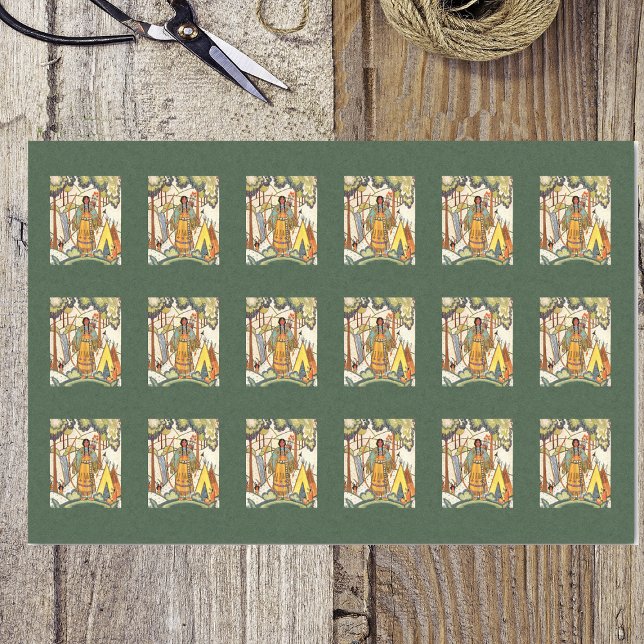 Embroidered Texture Indian Ladies in Forest Green Tissue Paper (American Indian village with embroidery texture and lady on dark green tissue wrapping paper.)