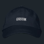 EMBROIDERED WEDDING GROOM  EMBROIDERED HAT<br><div class="desc">Embroidered caps will make a useful and loved wedding favor for your wedding party to receive.
Choose from the available embroidery fonts and colors,  as well as color of cap.</div>