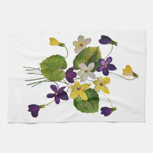 Embroidered White, Yellow and Purple Violets Tea Towel