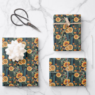 Embroidered Yellow Blooming Cactus on Black Wrapping Paper Sheet