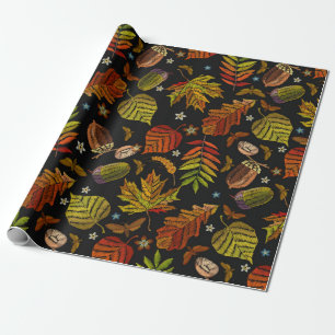 Embroidery art. Autumn seamless pattern. Leaves, a Wrapping Paper