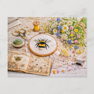 Embroidery Book with Stitched Bumblebee and Vintag Postcard