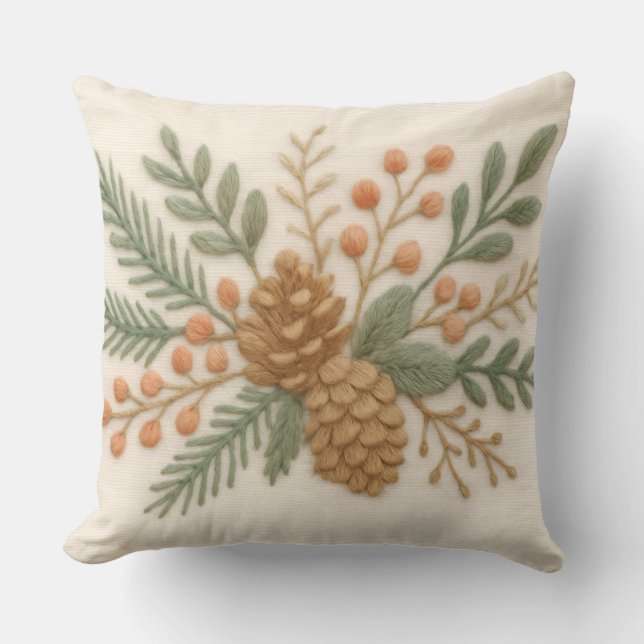 Embroidery Christmas Floral Sprig Pinecone Cream Cushion (Front)