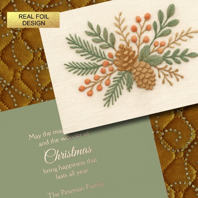 Embroidery Christmas Floral Sprig Pinecone Cream Foil Holiday Card (Creator Uploaded)