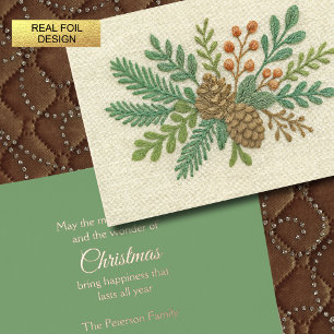 Embroidery Christmas Floral Sprig Pinecone Foil Holiday Card