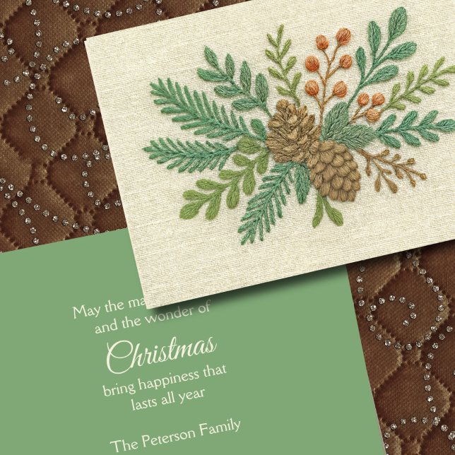 Embroidery Christmas Floral Sprig Pinecone Holiday Card (Creator Uploaded)