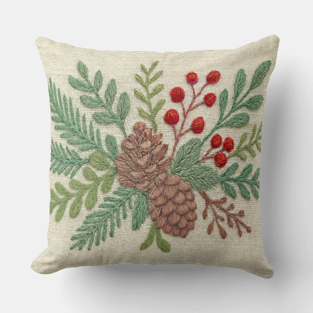 Embroidery Christmas Floral Sprig Pinecone Red Cushion (Front)