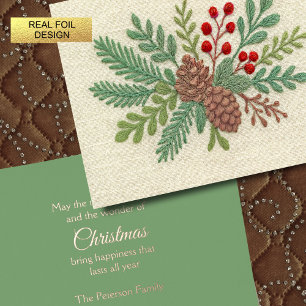 Embroidery Christmas Floral Sprig Pinecone Red Foil Holiday Card