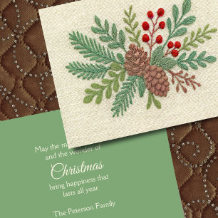 Embroidery Christmas Floral Sprig Pinecone Red Holiday Card