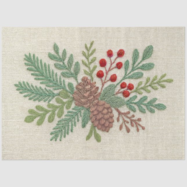Embroidery Christmas Floral Sprig Pinecone Red Tissue Paper (Front)