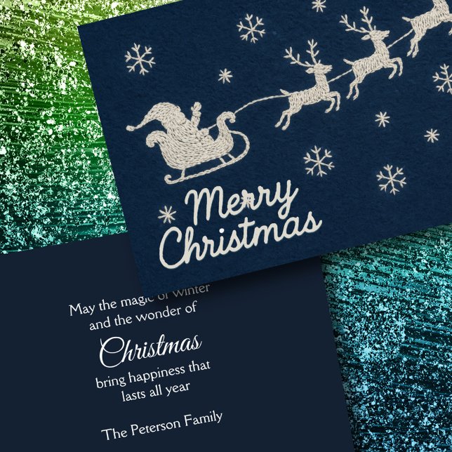 Embroidery Christmas Night Sky Santa Sleigh Holiday Card (Creator Uploaded)