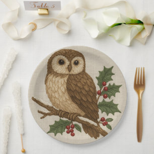 embroidery Christmas Owl with Holly Rustic  Paper Plate