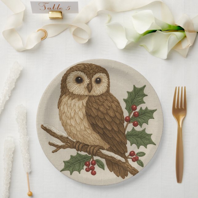 embroidery Christmas Owl with Holly Rustic  Paper Plate (Wedding)