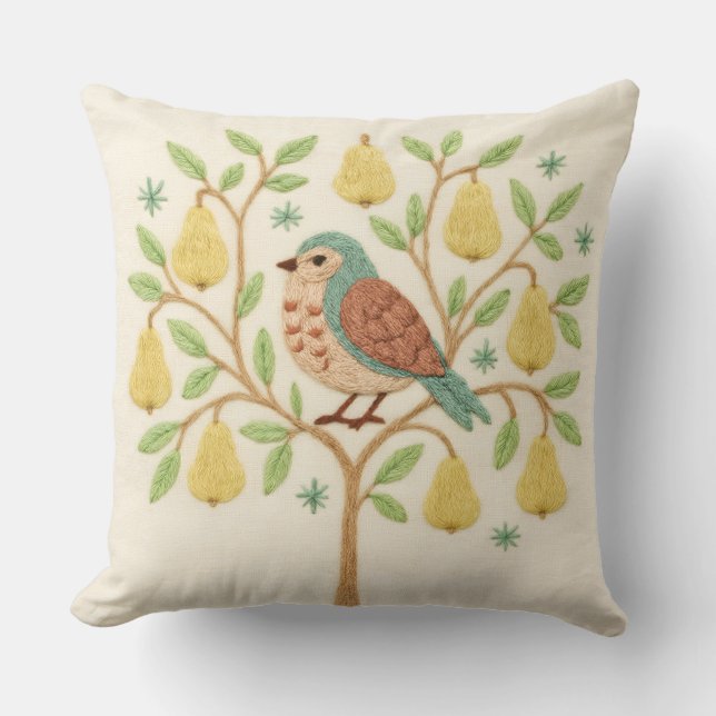 Embroidery Christmas Partridge in a Pear Tree Cushion (Front)
