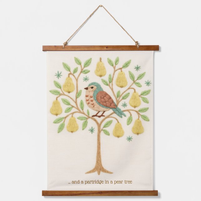 Embroidery Christmas Partridge in a Pear Tree Hanging Tapestry (Front)