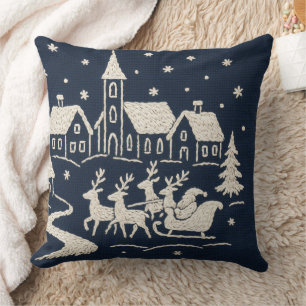 Embroidery Christmas Snow Village Scene Blue White Cushion