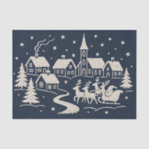 Embroidery Christmas Snow Village Scene Blue White