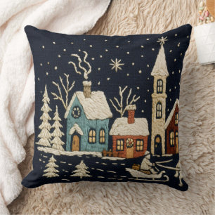 Embroidery Christmas Snowy Village Scene Blue Cushion