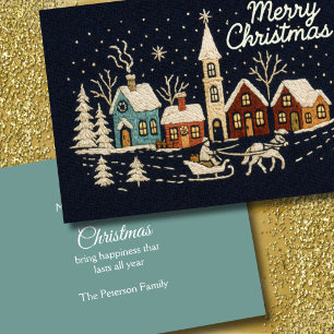 Embroidery Christmas Snowy Village Scene Blue Holiday Card