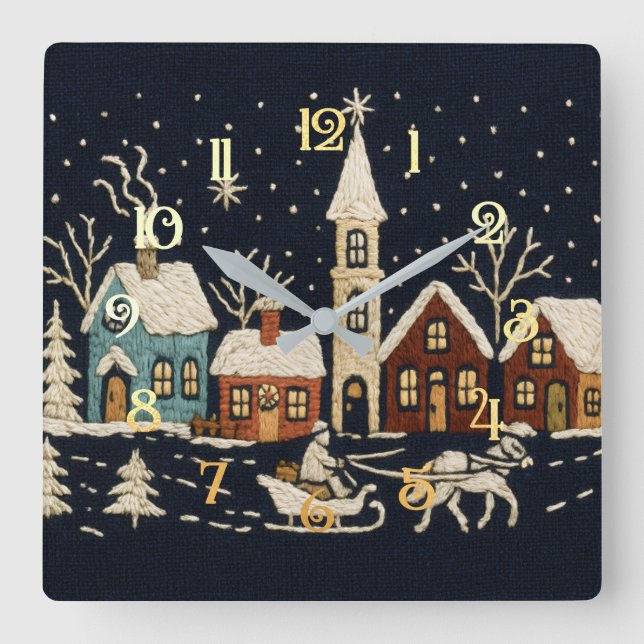Embroidery Christmas Snowy Village Scene Blue Square Wall Clock (Front)