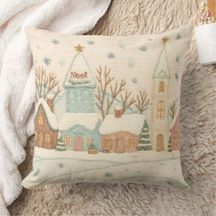 Embroidery Christmas Snowy Village Scene Cushion